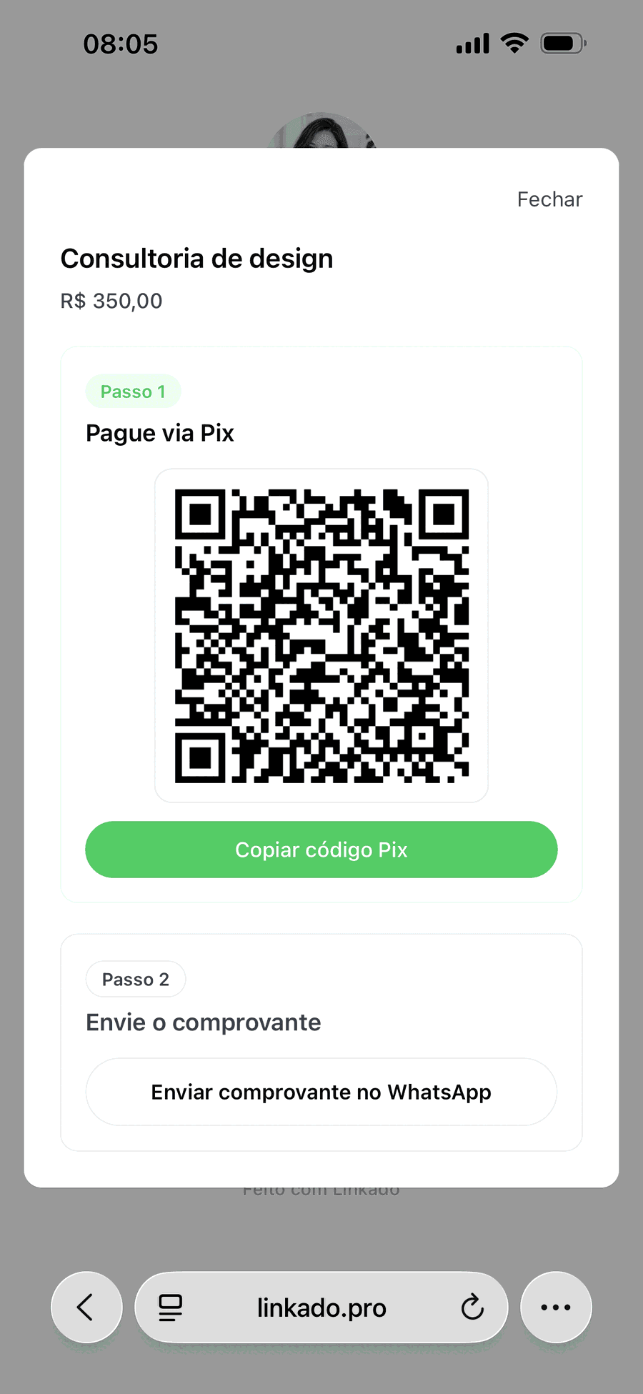 Modal de pagamento Pix aberto na página pública Linkado
